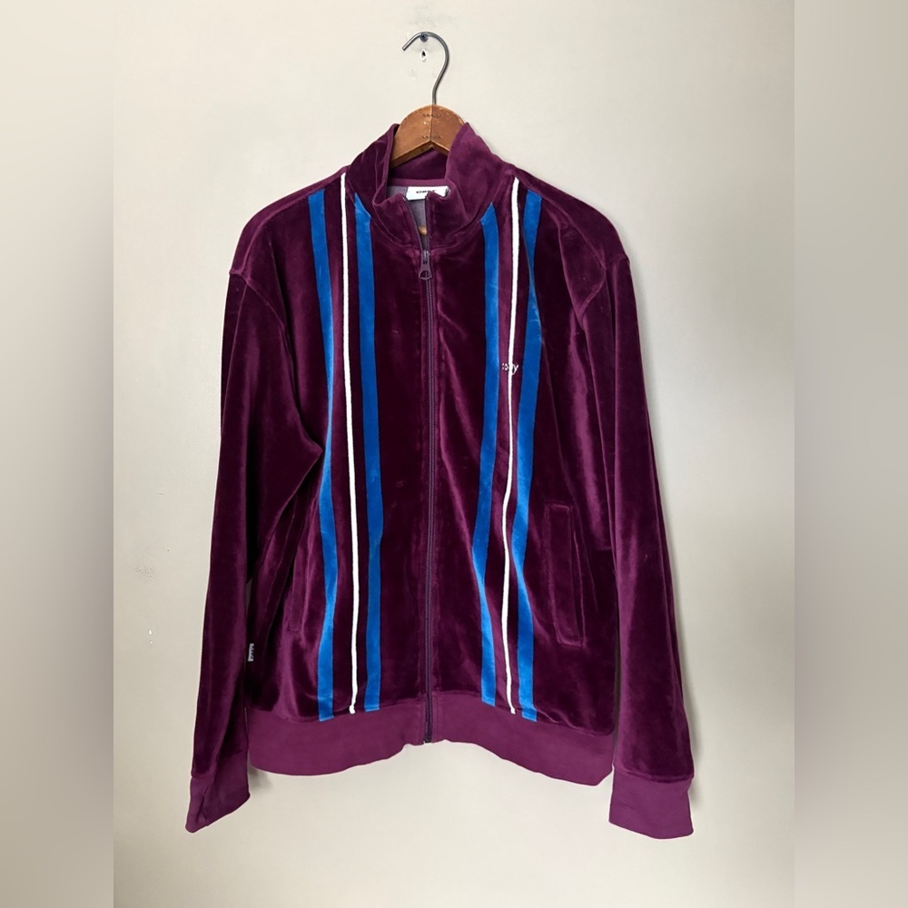 OBEY Provecal velour track jacket zip up striped purple blue vintage retro sz L
